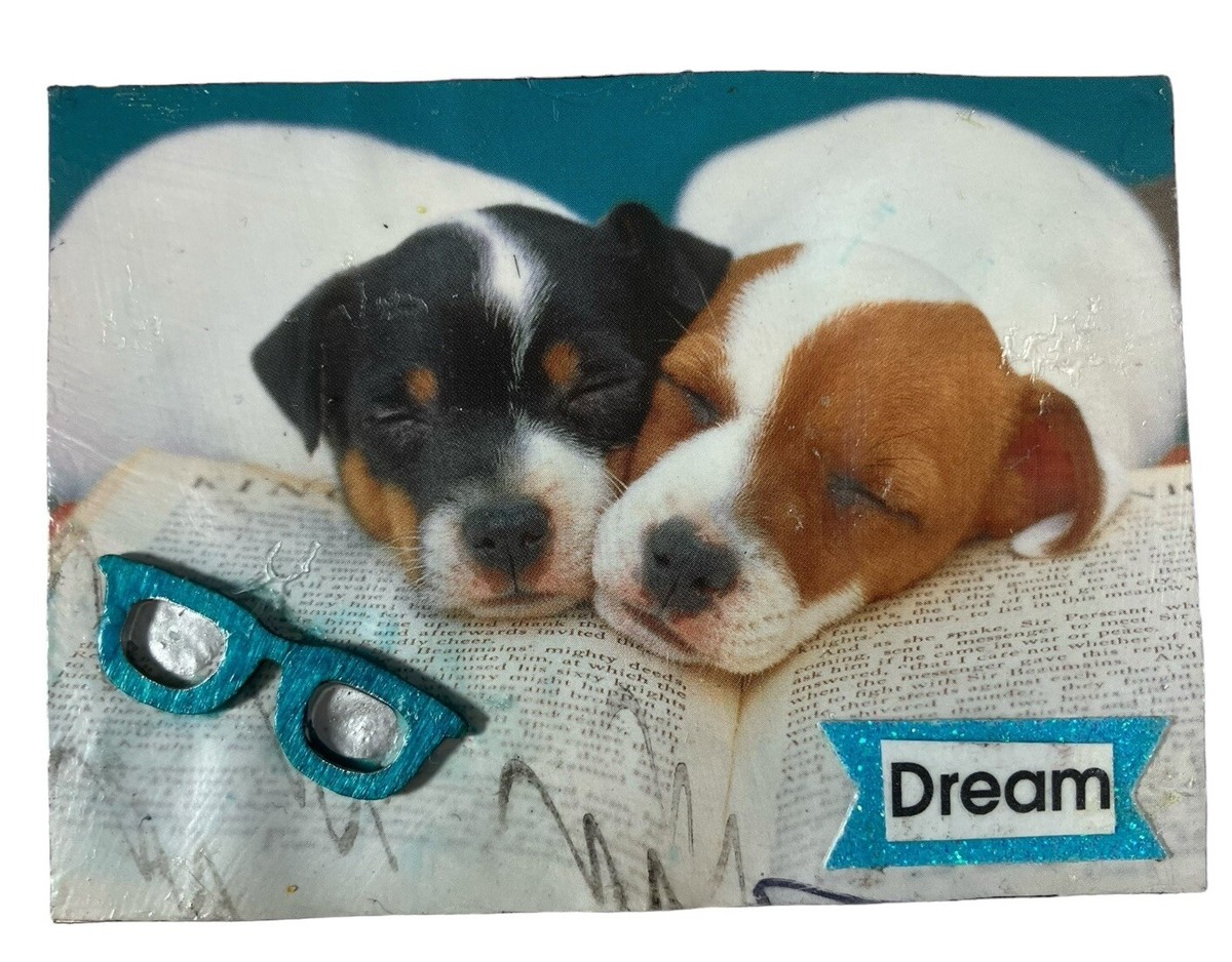 ACEO ATC Original Collage Puppies Book Dreams Blue Mixed Media
