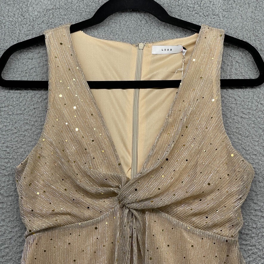 lush gold dress Lush Womens Mini Dress Gold Sequin Sleeveless V-Neck Zip Back Size S NWT