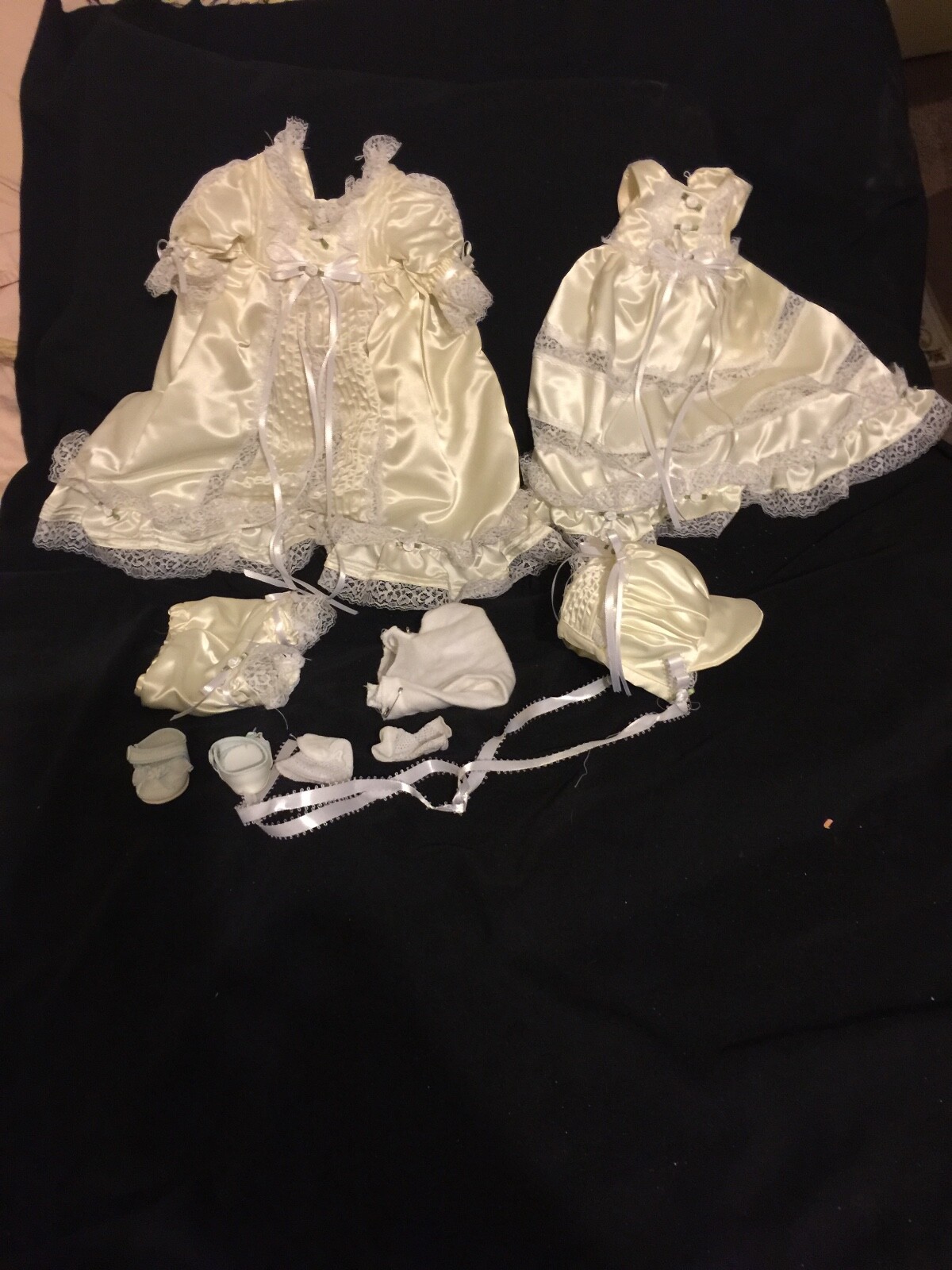 High end Baby Dresses,bonnet,under clothes,shoes New condition.Satin,Lace,ribbon