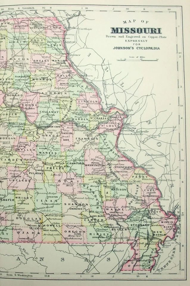 Missouri - Mapa original de placa de cobre de 1896 de AJ Johnson. Antiguo Foto 3 de 3