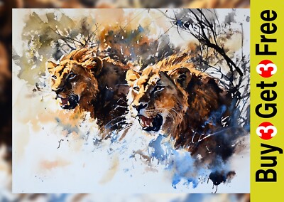 Roaring Lion Duo 5''x7'' Print on Matte Paper | Fierce Watercolor Big Cat Art