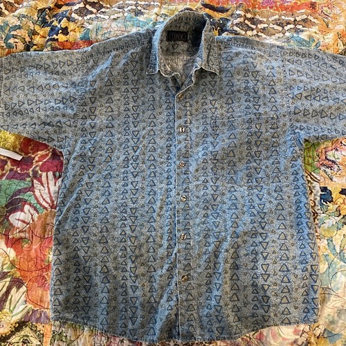 FRANK Shirt Button Up Vintage Geometric 80s USA Skater Sunwashed Triangles Rad - Picture 2 of 5