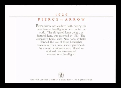 1929 PIERCE-ARROW CLASSIC CAR AUTOMOBILE 1988 USPS FIRST DAY MAXIMUM CARD - Picture 2 of 2