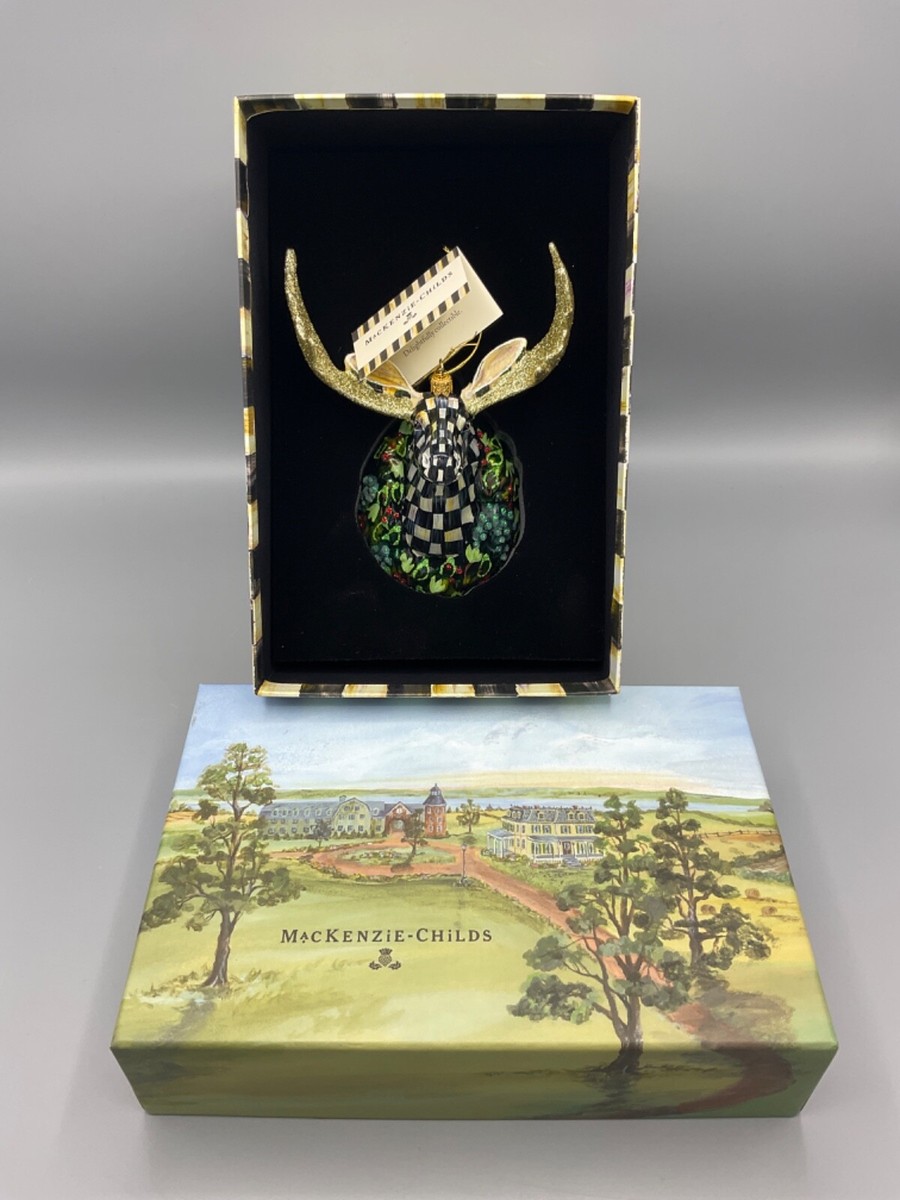 Mackenzie Childs Courtly Check Moose Head Wreath Ornament NIB