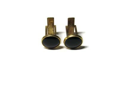 Vtg Mens Pioneer Cufflinks Gold-Tone Polished Black Stone 1970's Wedding 