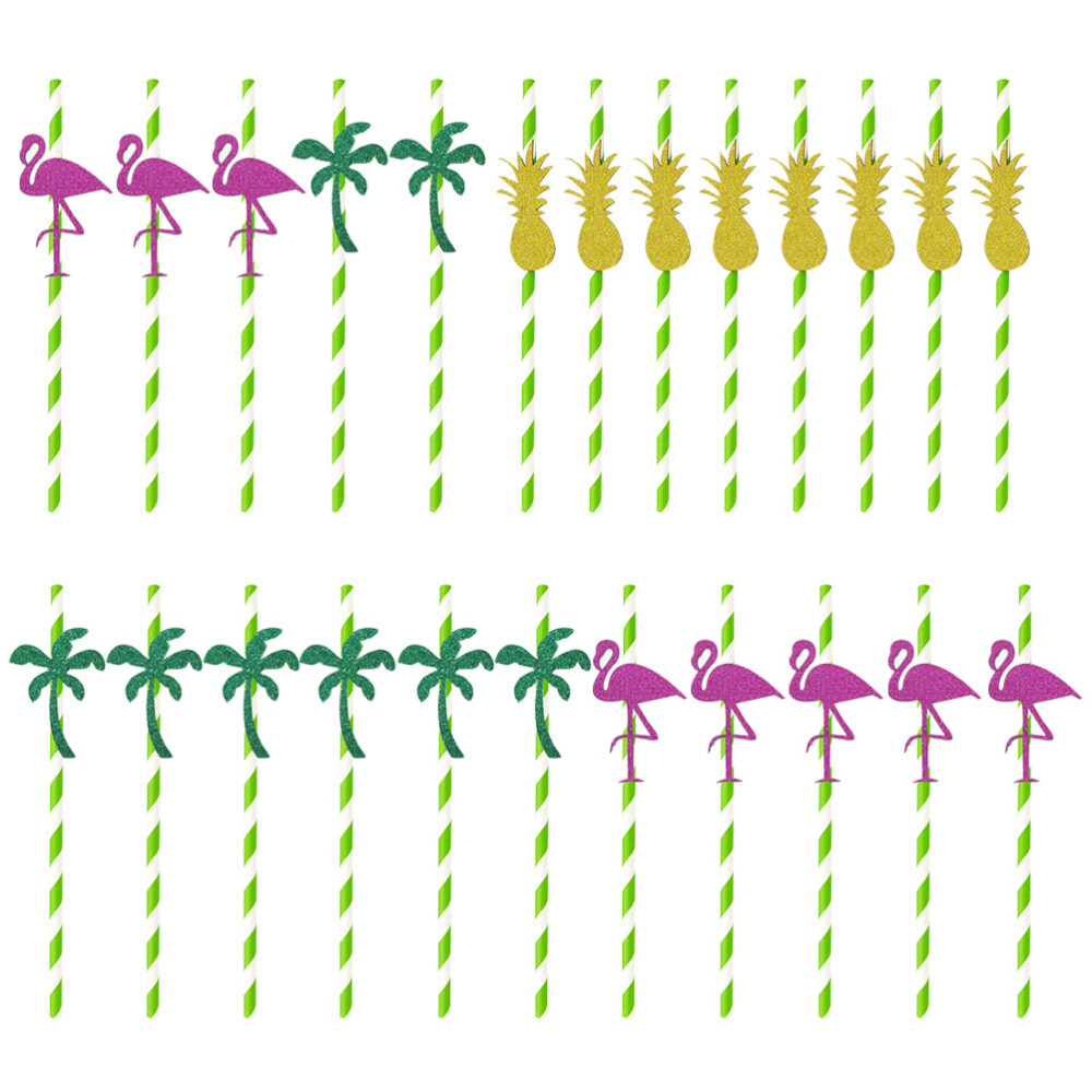 24 Pcs Tropical Party Decorations Flamingo Unique Straws Coconut Tree