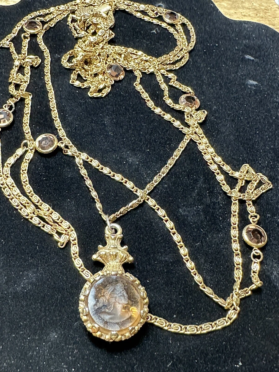 Vintage SIGNED Goldette intaglio Glass Cameo multi strand Topaz