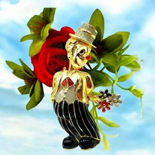 Vintage Enamel Clown Brooch, Black Red Cream and Gray Enamel Red Nose Huge Smile