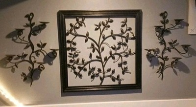 Brutalist Framed  Handmade Iron Tree, Buds Of Glass, 2 Matching Sconces 