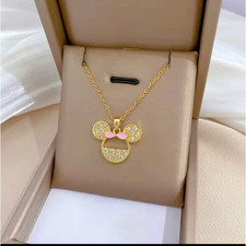 Disney Minnie Mouse Gold Tone Pendant Necklace Pink Bow Clear Rhinestones