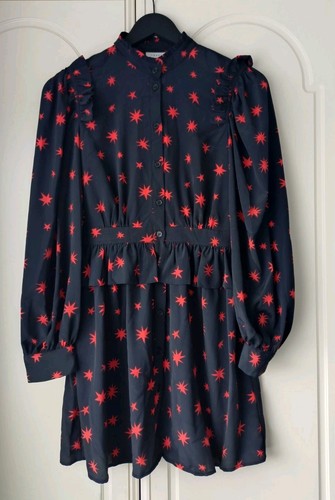 Topshop Black/Red Star Print Shirt Dress, Long Sleeves, Size Uk 6 - Picture 2 of 10