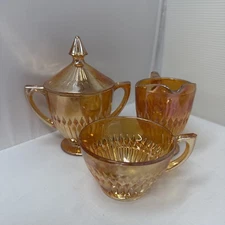 Jeannette Marigold Iridescent Glass Anniversary Creamer & Covered Sugar Bowl Set