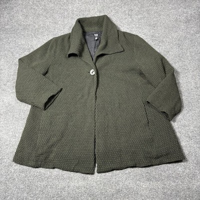 Eileen Fisher Coat Womens 2X Green Textured Knit Button Front Lined Made In USA