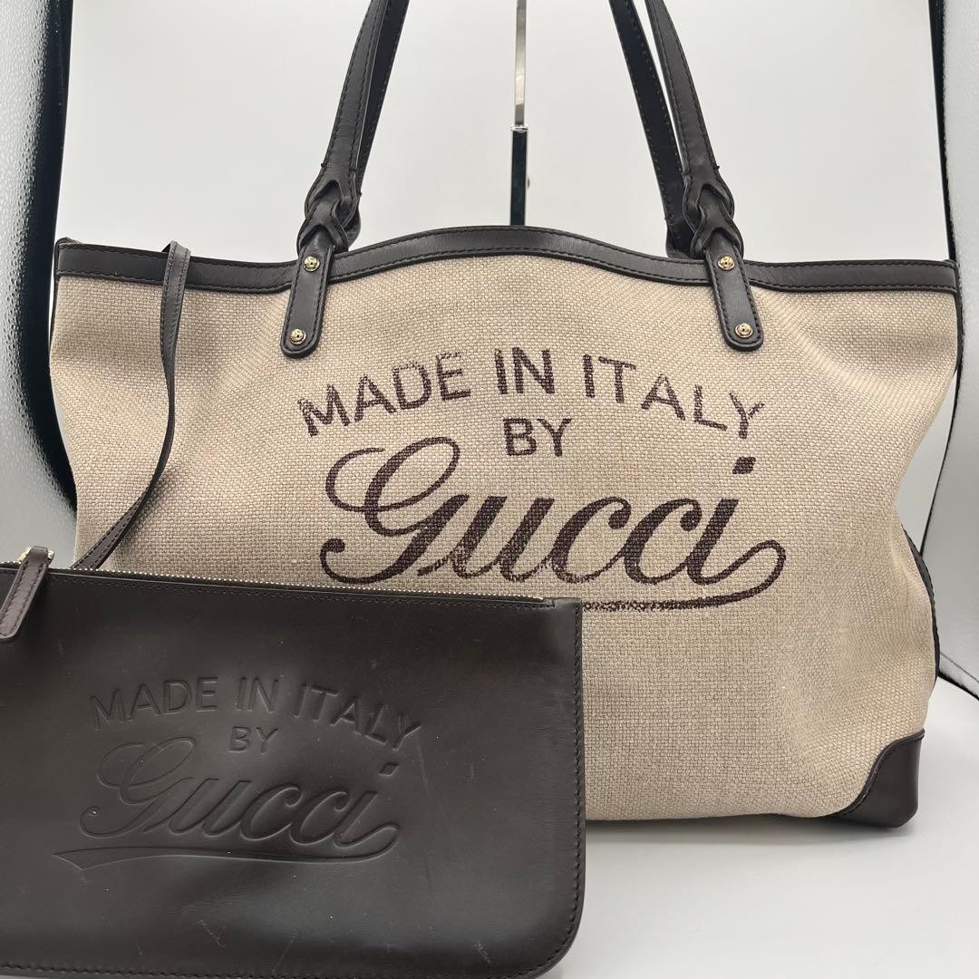 GUCCI Canvas Leather Tote Bag with Pouch Brown Made in Italy, A4 Size, Authentic