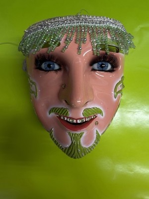 Venetian Full Face Plastic Mask Pink & Green w/ Adjustable Strap, One Size