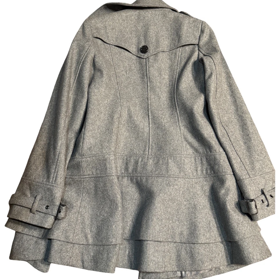 Guess Wool Blend Trench Coat Heather Grey Women’s Size S Belted Cuff Flare Hem - Image 2 of 4