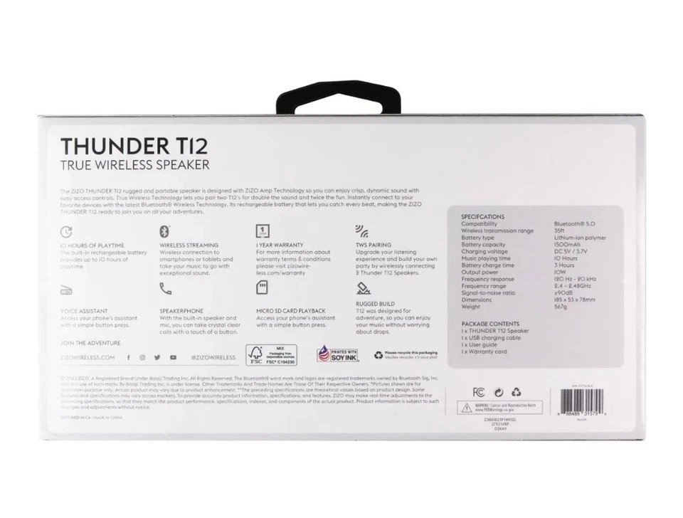 Alto-falante Bluetooth Zizo Thunder T12 sem fio verdadeiro carregamento USB sem fio novo  - Imagem 2 de 2