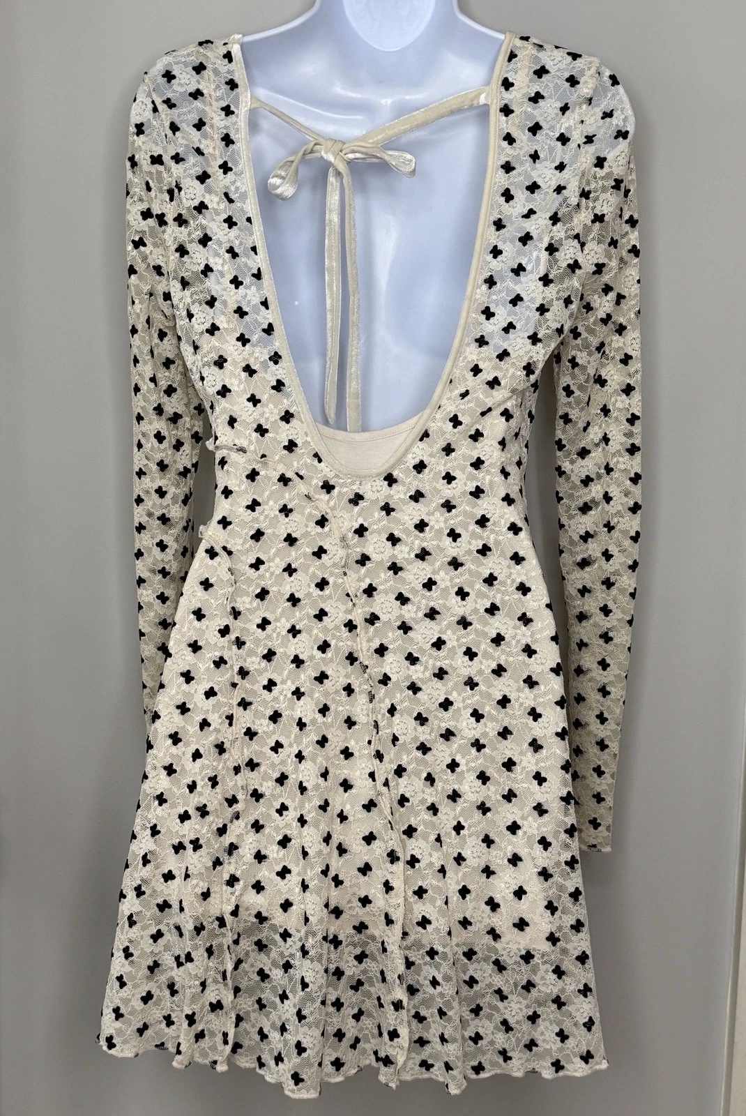 OFF WHITE FREE PEOPLE Sheer Delight minidress boho pizzo donna medio bianco sporco fiocco velluto