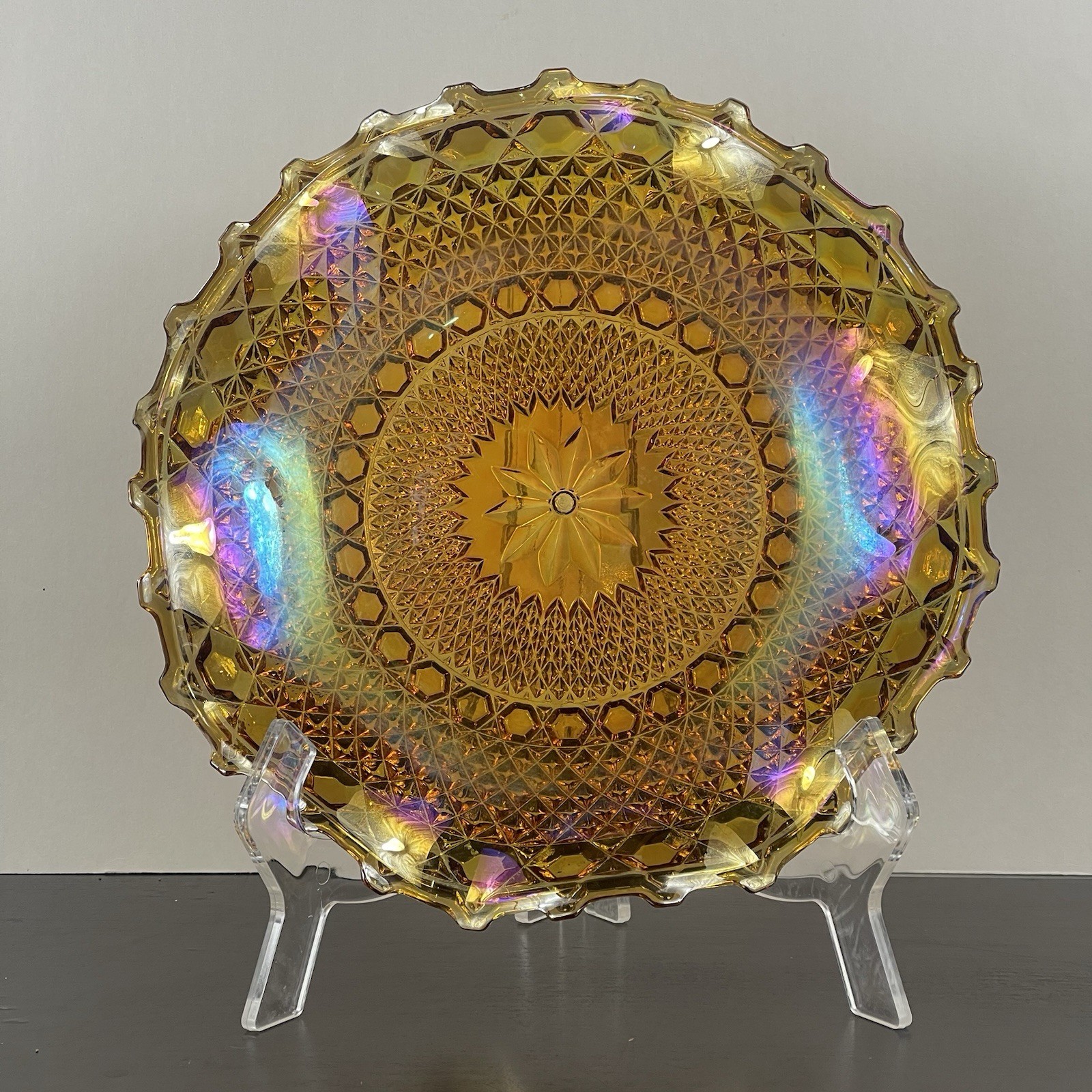 Vtg Indiana Marigold Carnival Glass Ruffled Dish Plate Diamond Design 10”