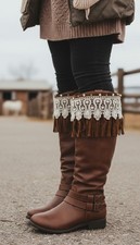 Western Women Boot Toppers Boho Long Brown Faux Leather Fringes Knee High Lace