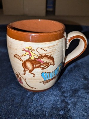 Bucking Bronco Beige & Brown Coffee Cup/Mug Cowboy & New Replacement 