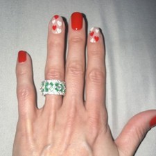 Green Square Stone Silver Tone Band Ring, Size 7