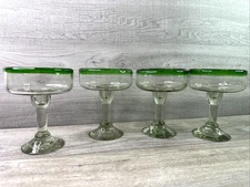 Set Of 4 Margarita Glasses Large Green Rim Mexican Hand Blown