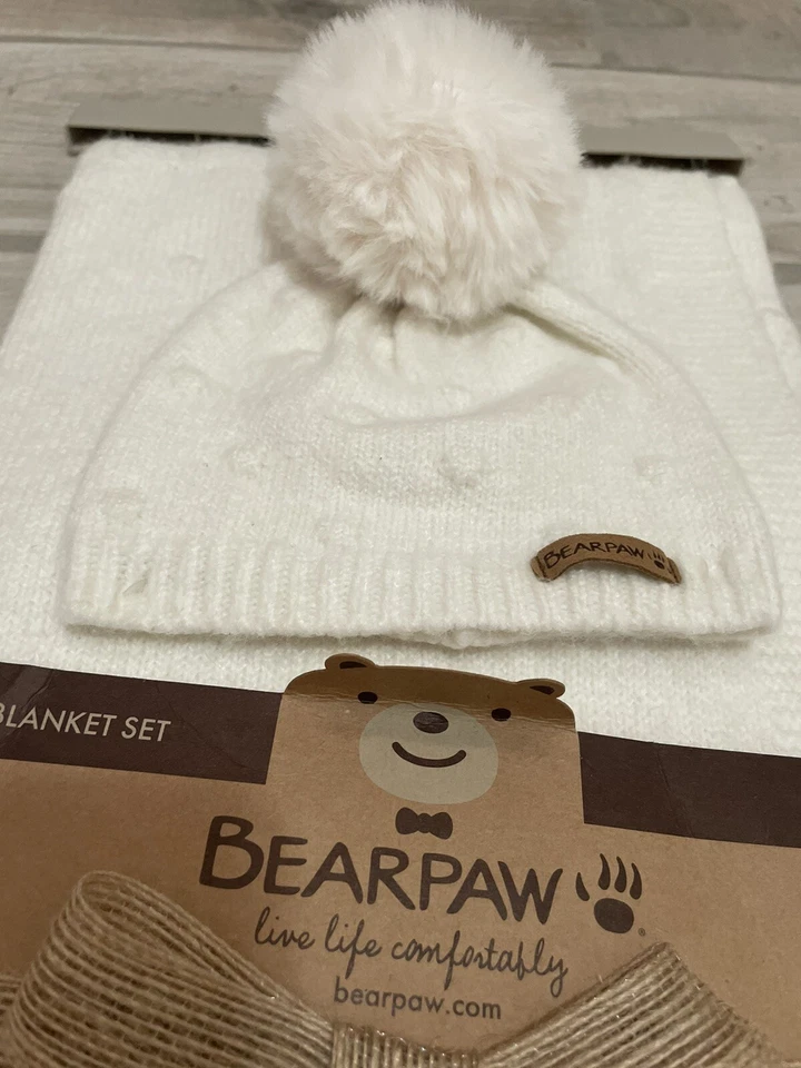 Bearpaw婴儿毯子和帽子豆豆套装0-6个月38英寸x28英寸白色熊设计全新带标签 — 第 3/3 张图片