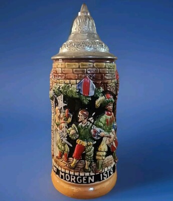 Vintage Germany Lidded Beer Stein 7  HEUTE DU UND MORGEN IST'S EIN ANDRER