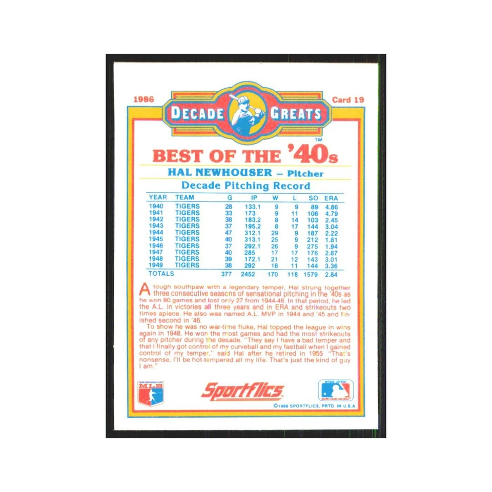 Hal Newhouser 1986 Sportflics Decade Greats #19.0 Detroit Tigers NM - Image 2 of 3