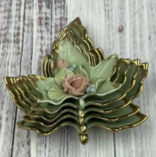Vintage Mid Century Stacking Green & Gold Maple Leaf Nesting Trinket Dish 1950’s