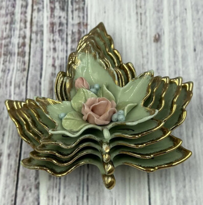 Vintage Mid Century Stacking Green & Gold Maple Leaf Nesting Trinket Dish 1950 s