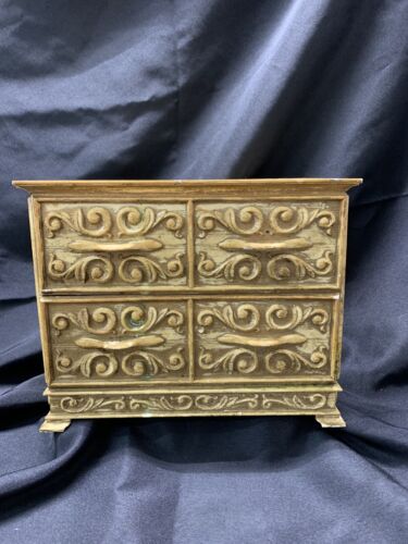 Lerner Brown Celluloid Scroll Relief Jewelry Trinket Box Footed 2 Drawers Vtg - Imagen 1 de 11