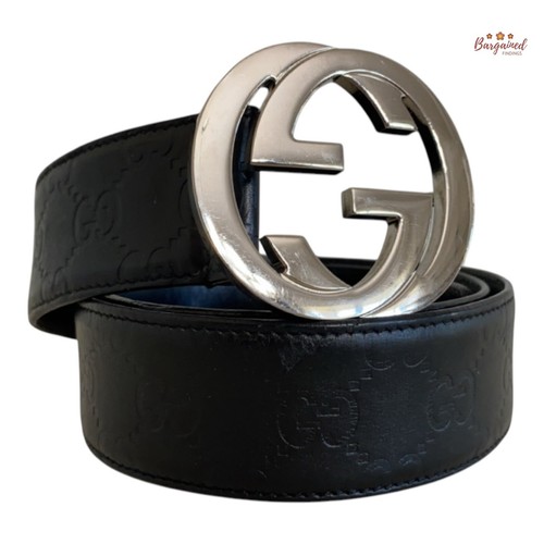 Authentic Gucci Black Guccissima Leather Silver Interlocking G Buckle Belt 90/36
