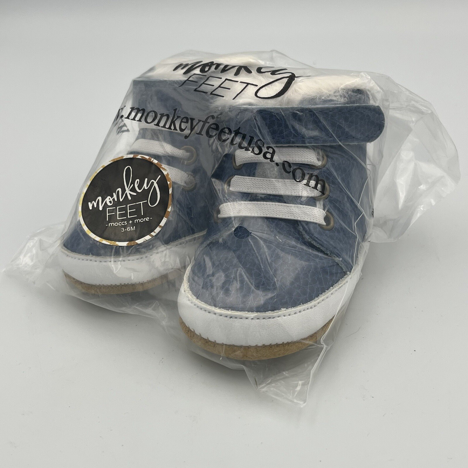 Monkey Feet 3-6M Blue Leather Fur Lined High Top Soft Bottom Sneakers NEW SEALED