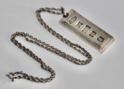Großer Herren 925 Sterling massiv Silber Jubiläumsbarren Anhänger & 20'' Kette um 1977