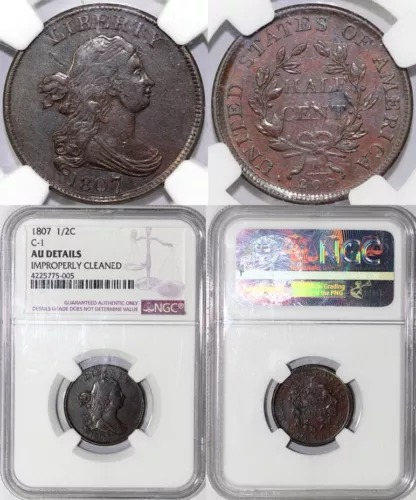 1807 1/2c C-1 Draped Bust Half Cent NGC AU Details Improperly Cleaned