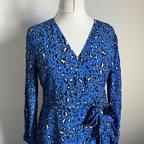 Sosandar Midi Wrap Dress Size 18 Blue Leopard Animal Print V Neck New With Tags - Picture 2 of 8