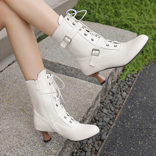 Womens Chic Shoes Round Toe Lace Up Buckle Straps Mid Heel Ankle Boots - Picture 4 of 31