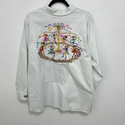 Bob Mackie Shimmery Embroidered Kids Maypole Flowers White Shirt / Coat Wm's 1X
