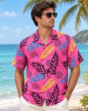 Pink Tropical Leaf Shirt Unisex Palm Print Hawaiian Beach Summer Vacation