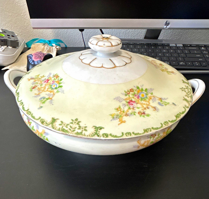 Round Ceramic Floral Soup Tureen w/ Lid & Side Handles, Off-White/Green