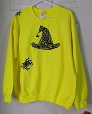 Gildan Sweatshirt Womens Large Yellow Embroidered Halloween Witch Cobweb Spider