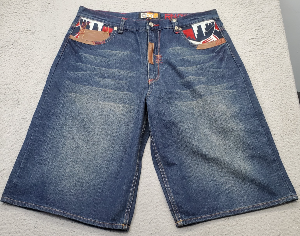 パンツ 90s archive y2k wide baggy check shorts Akademiks Y2K Baggy Shorts Mens 38 Blue Denim Casual Flat Front 5