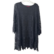 Boohoo Black Lace Shift Dress Long Sleeve Floral Scallop Hem Mini Size L Gotth