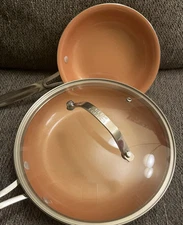 BulbHead Red Copper 10" Round Frying Pan Non Stick Ceramic Copper Infused w/Lid