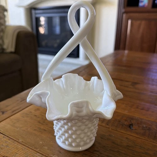 Fenton Hobnail Milk Glass Basket With Loop Handle Marked under Base.