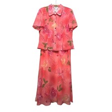 K Studio Coral Pink Floral Dress Blouse Set Grandmacore Cottagecore Womens 14