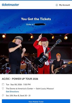2 AC/DC Power Up Tour Tickets 9/8 St. Louis The Dome Section 339 + Parking Pass