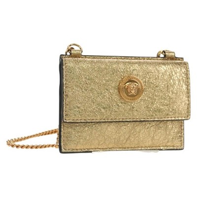 VERSACE Chain Shoulder Pouch Card Case Leather Gold Auth 182790V
